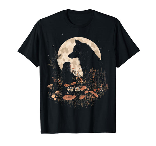 Dark Cottagecore Mushroom Girl and Wolf Women's T-Shirt