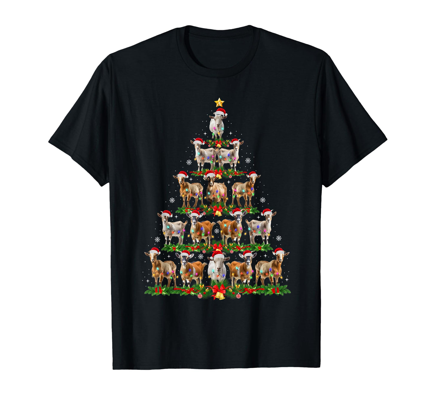Funny Goat Christmas Tree Lights Santa Hat Xmas Pajamas T-Shirt