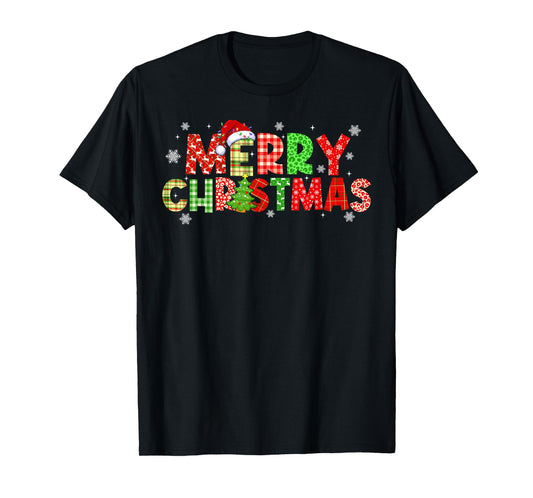Merry Christmas Plaid Xmas Tree Santa Hat Men Women Kid T-Shirt