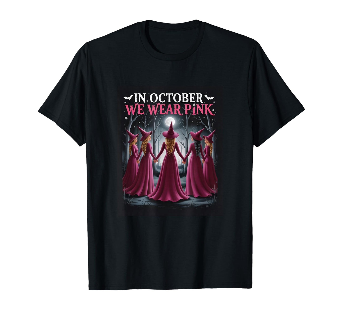 in October We Wear Pink - Witch & Ghost Halloween Cancer T-Shirt