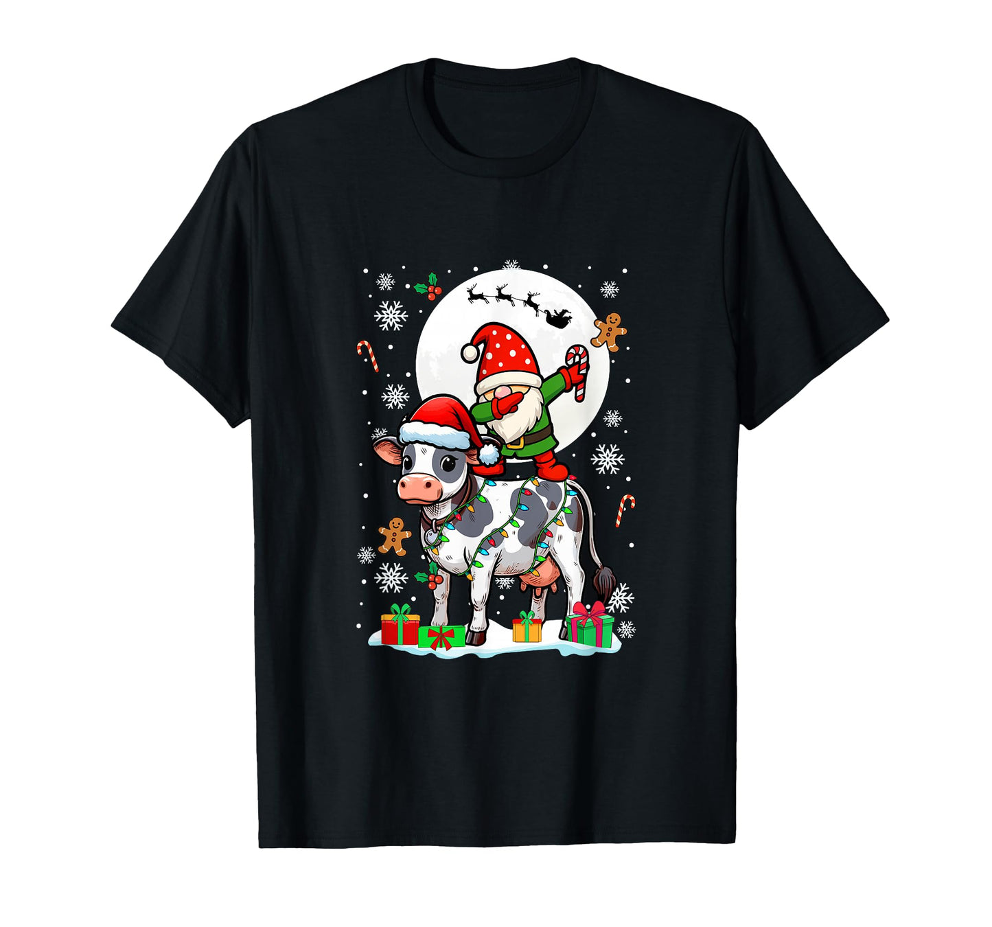 Dabbing Gnome On Cow Christmas Santa Colorful Lights T-Shirt