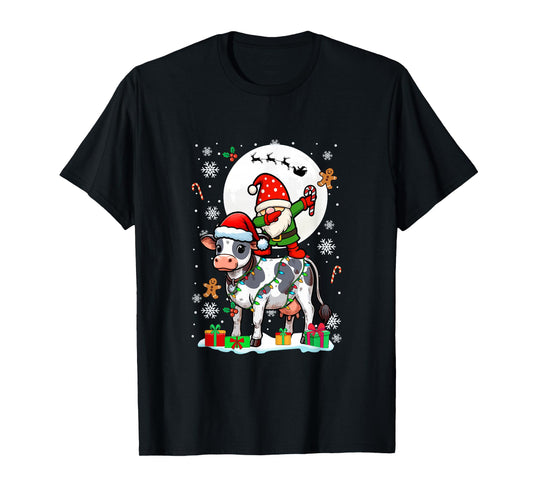 Dabbing Gnome On Cow Christmas Santa Colorful Lights T-Shirt