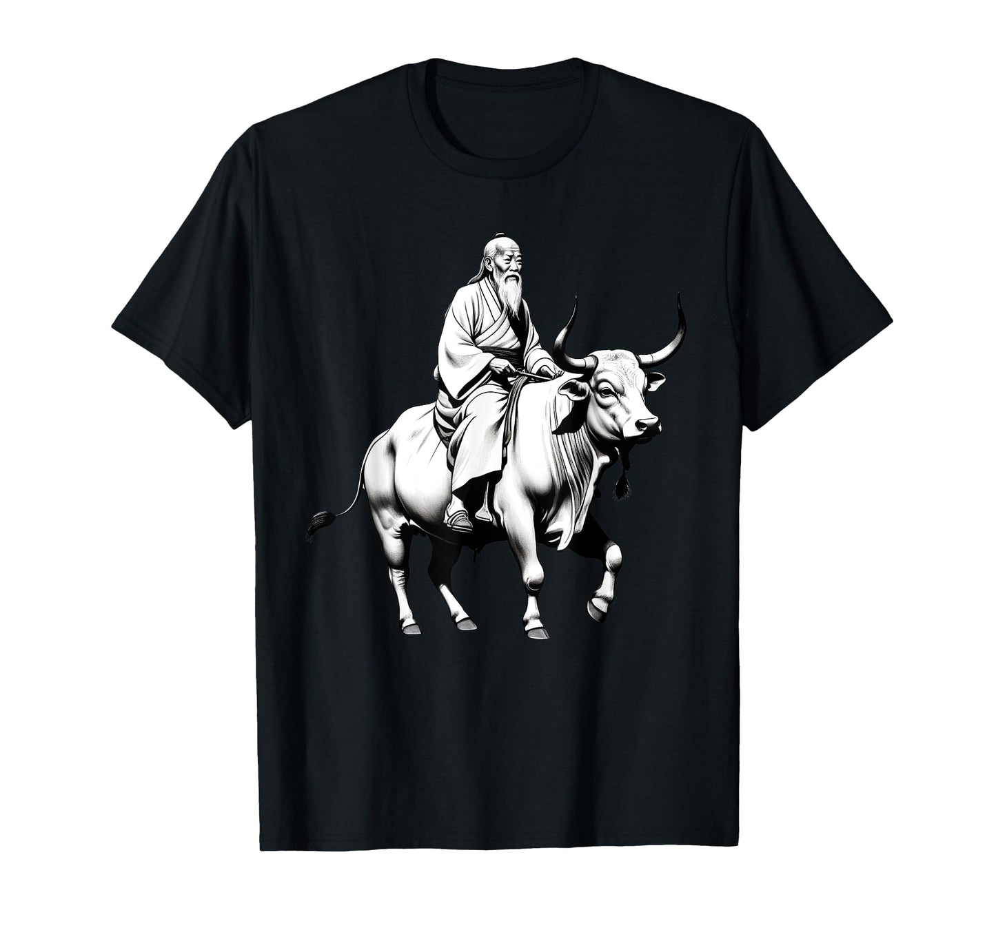 Vintage Spiritual Design Lao Tzu Riding An Ox, Tao Te Ching Unisex-Adults, Unisex-Kids Grey Short Sleeve Classic Fit Polyester T-Shirt