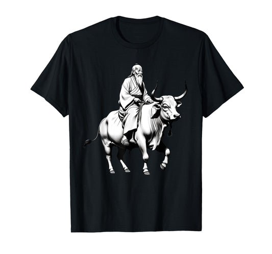 Vintage Spiritual Design Lao Tzu Riding An Ox, Tao Te Ching Unisex-Adults, Unisex-Kids Grey Short Sleeve Classic Fit Polyester T-Shirt