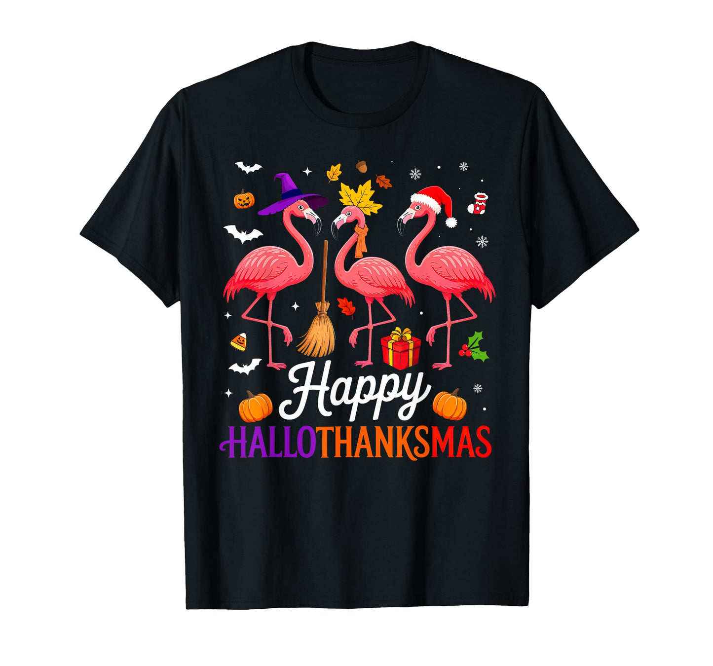 Happy Hallothanksmas Flamingo Lover Halloween Thanksgiving T-Shirt
