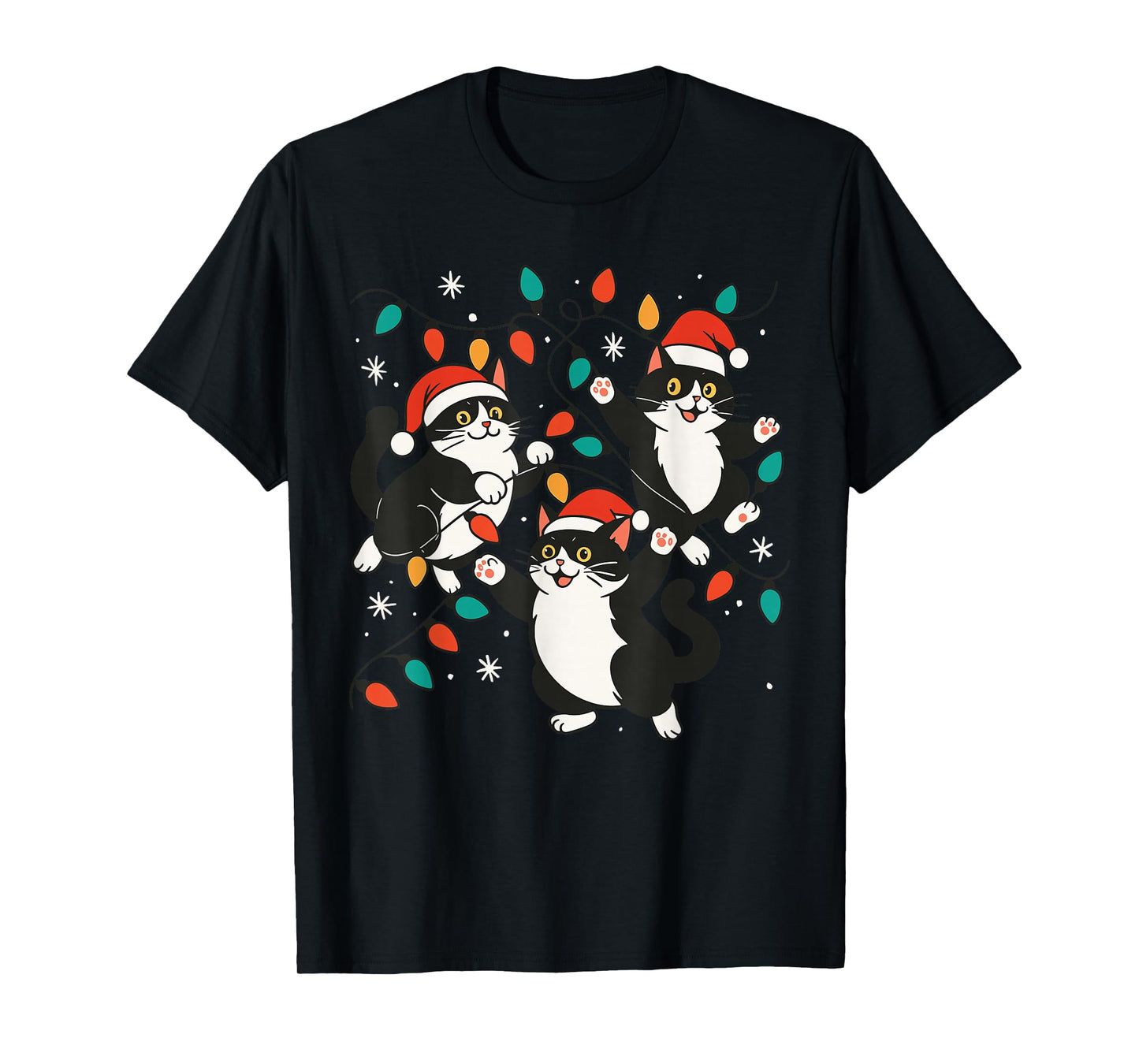 Black Cat Christmas Tree Lights Shirt, Funny Cats Santa Hat T-Shirt
