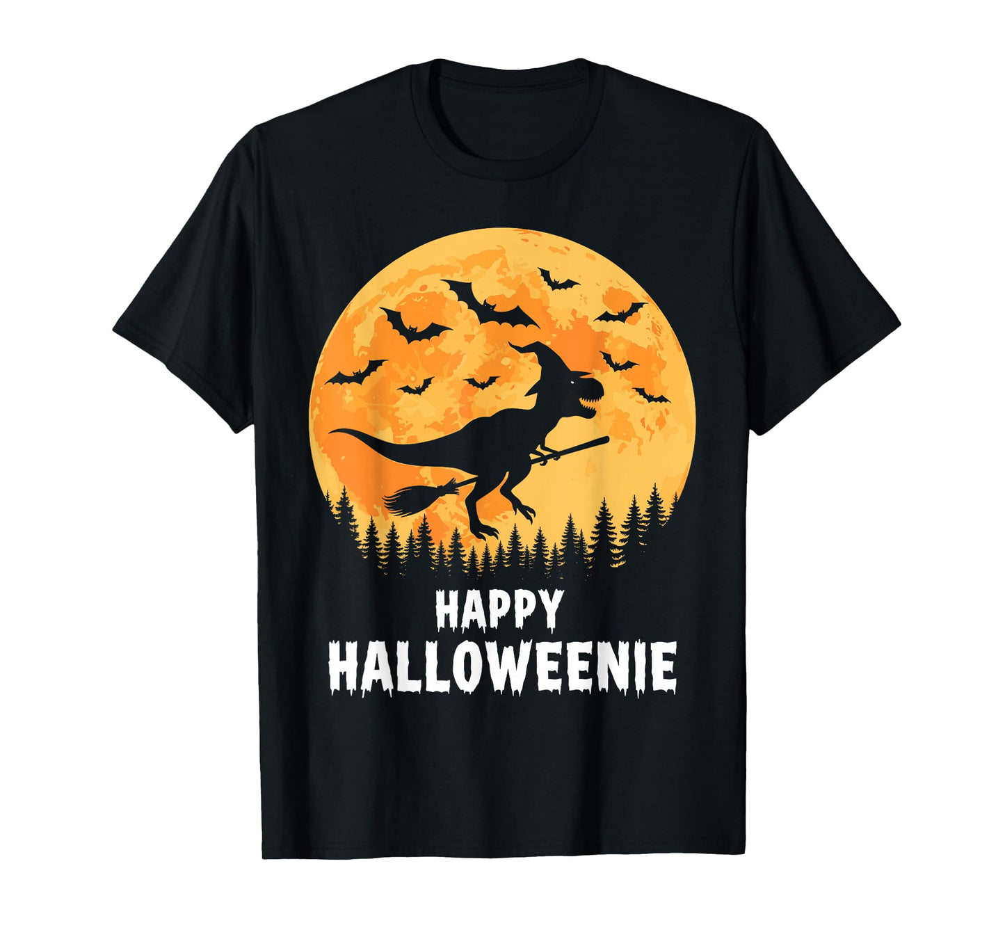 Happy Halloweenie Funny Dinosaur T Rex Flying Witch T-Shirt