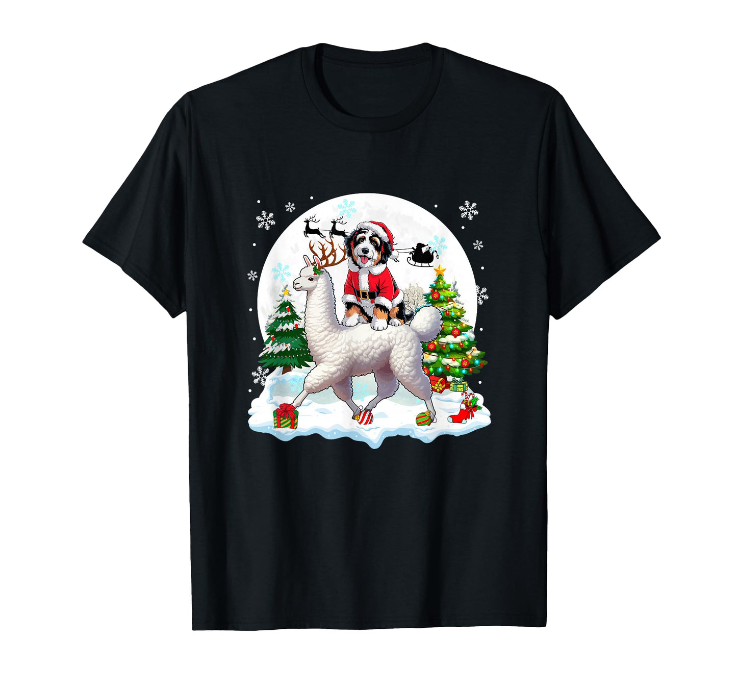 Santa Bernedoodle Riding Llama Reindeer Christmas Owner Kids T-Shirt