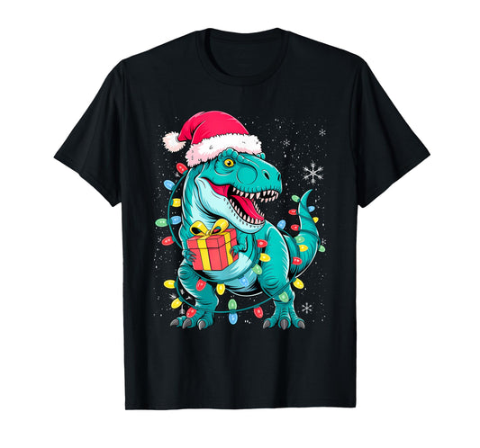 Dinosaur Santa for Boys Girls Christmas Tree Lights T-Shirt