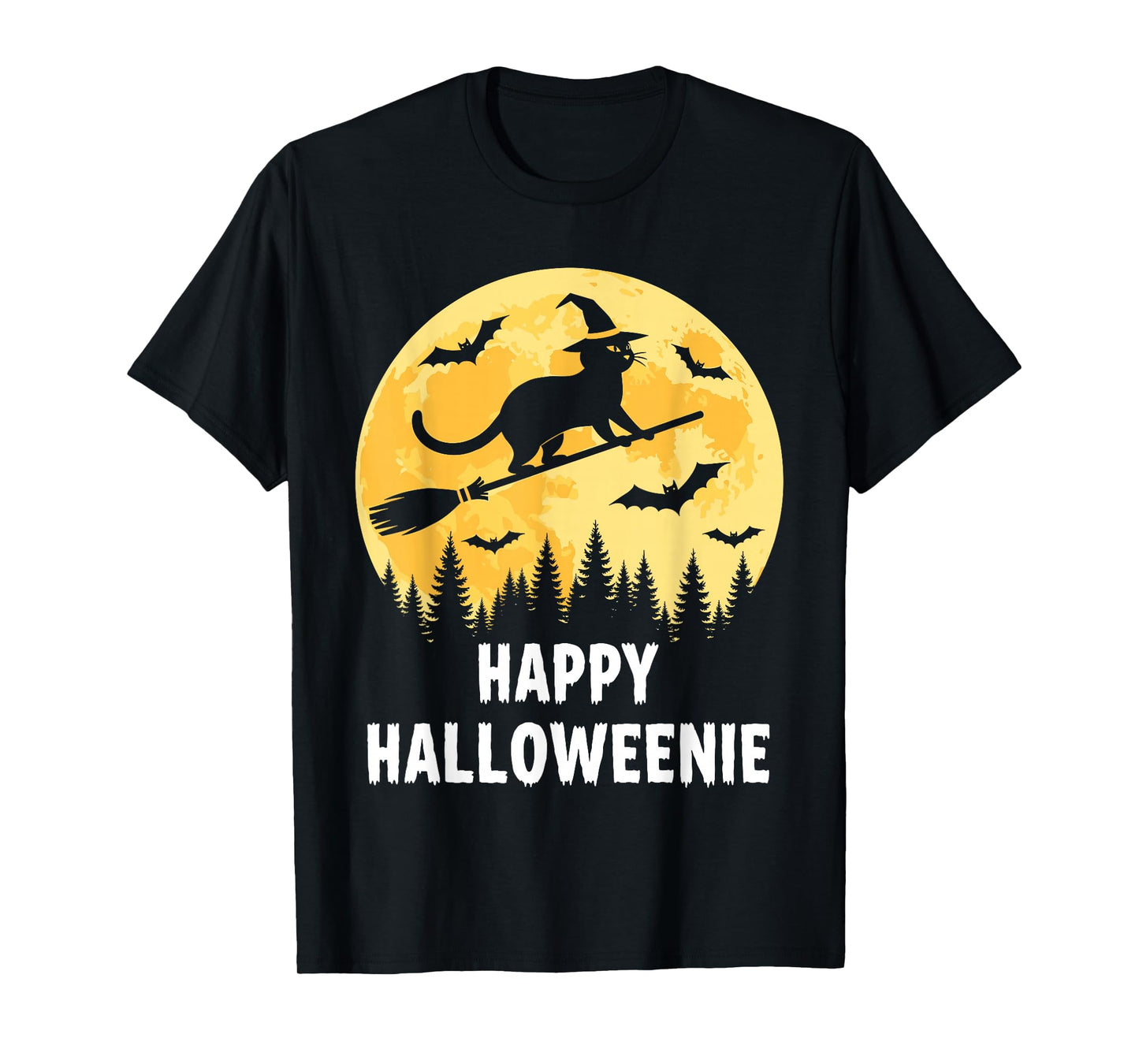 Happy Halloweenie Funny Halloween Cat Flying Witch T-Shirt
