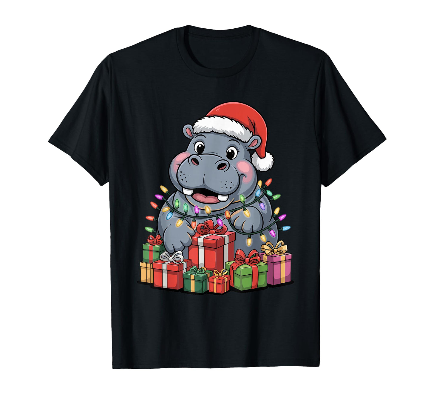 Hippopotamus Santa Hat Christmas Design Funny Animal Lovers T-Shirt