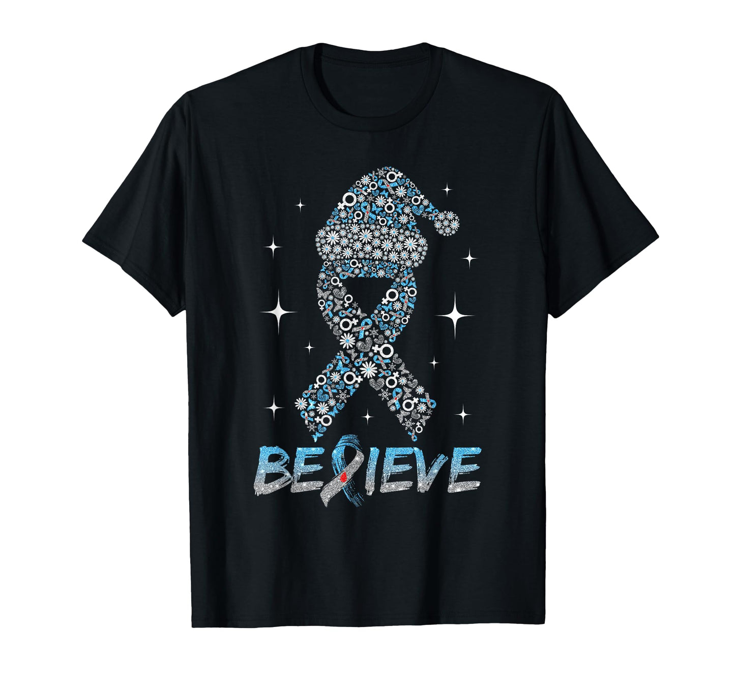 Believe Blue Gray Ribbon Santa Hat Christmas Type 1 Diabetes T-Shirt