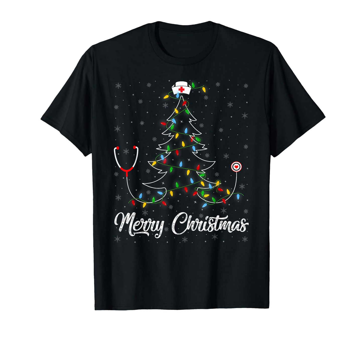 Nurse Stethoscope Christmas Tree Lights Funny Nursing Xmas T-Shirt