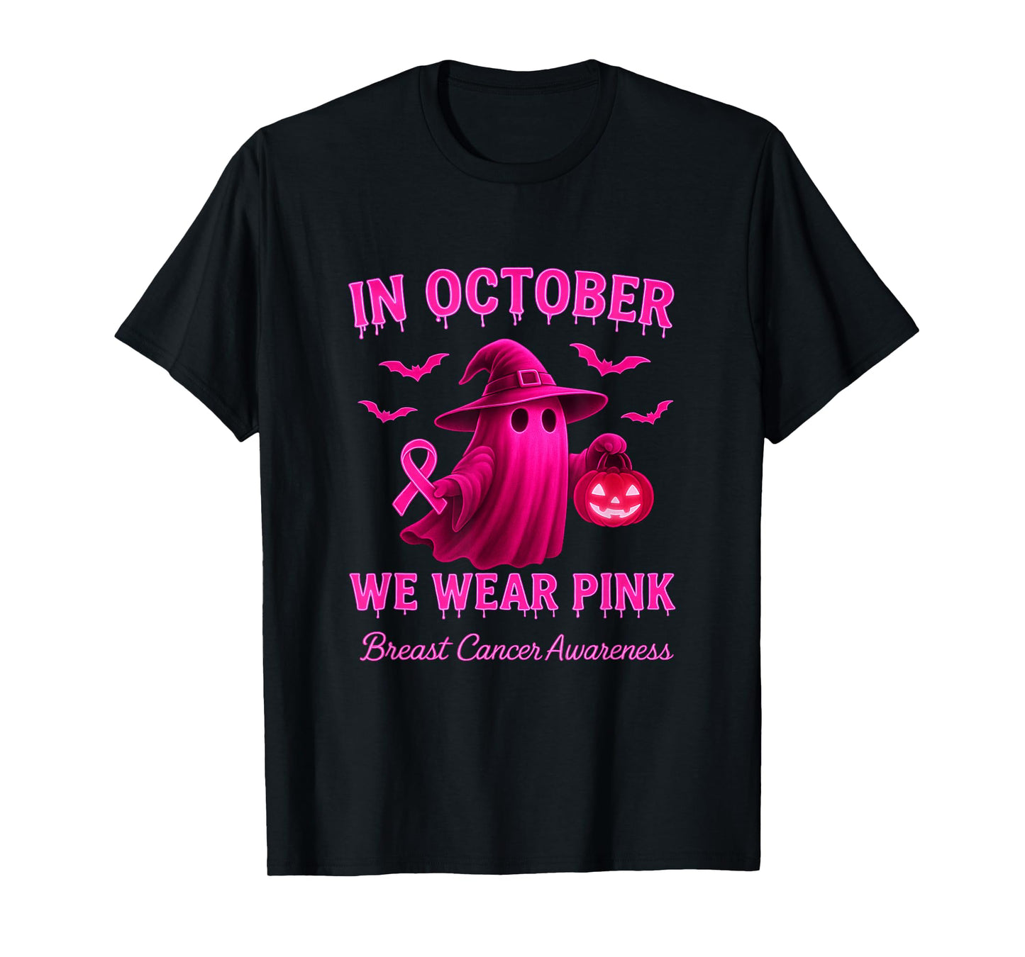 Breast Cancer Awareness Ghost Witch in October We Wear Pink T-Shirt