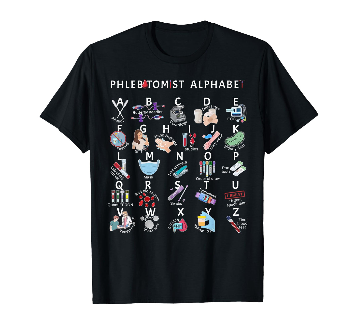 Phlebotomy Nurse Phlebotomist Alphabet Outfit Unisex-Adults Black Small Modern Crew Neck Letter Print T-Shirt