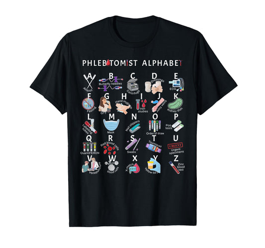 Phlebotomy Nurse Phlebotomist Alphabet Outfit Unisex-Adults Black Small Modern Crew Neck Letter Print T-Shirt