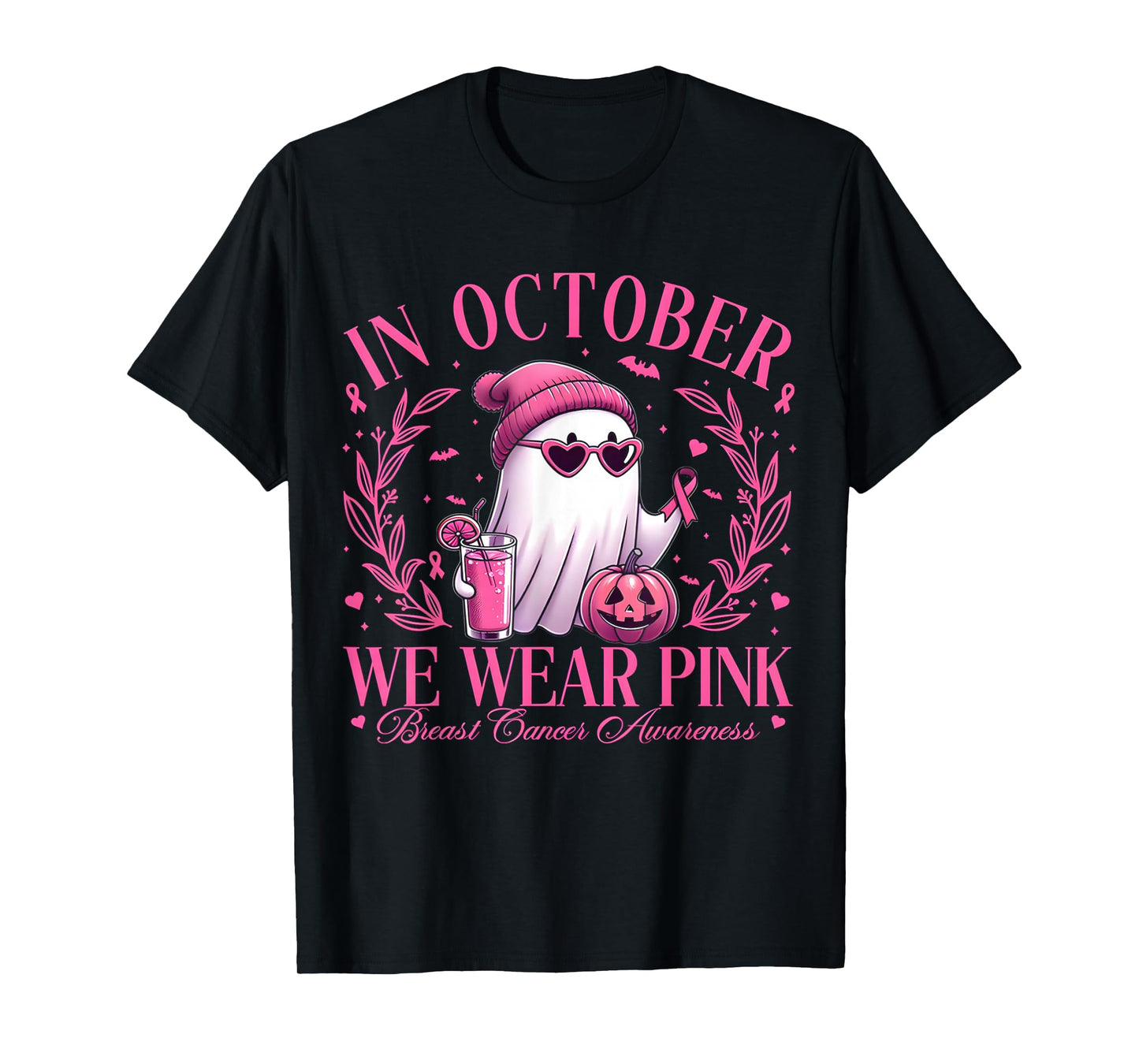 in October We Wear Pink Ghost Witch Breast Cancer Awareness T-Shirt