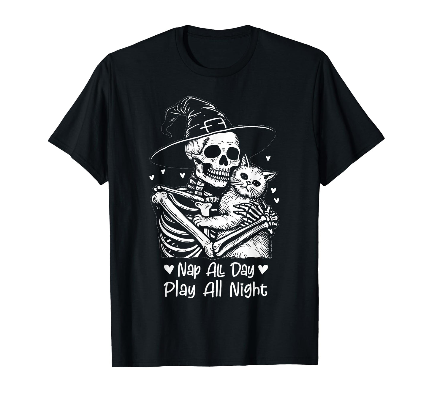 Nap All Day, Play All Night Funny Cat Halloween Skeleton T-Shirt