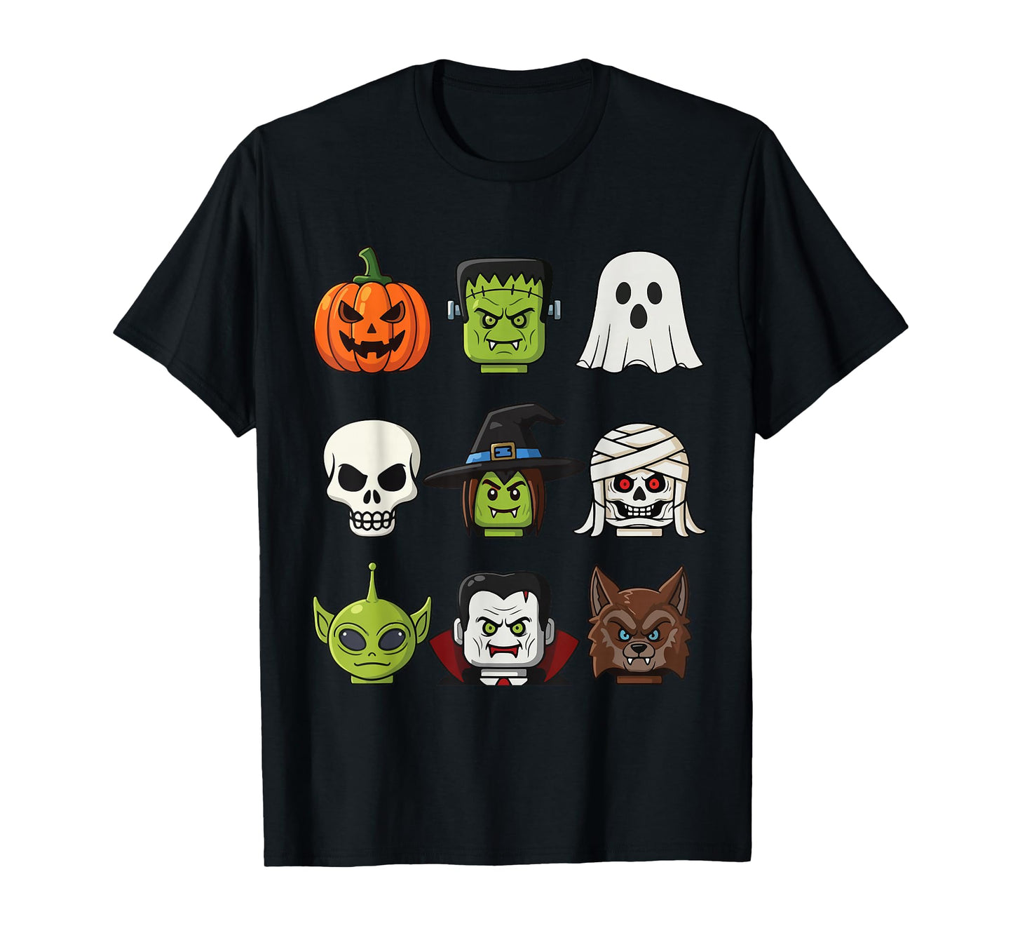 Spooky Halloween Faces Frankenstein Pumpkin Mummy Alien Wolf T-Shirt