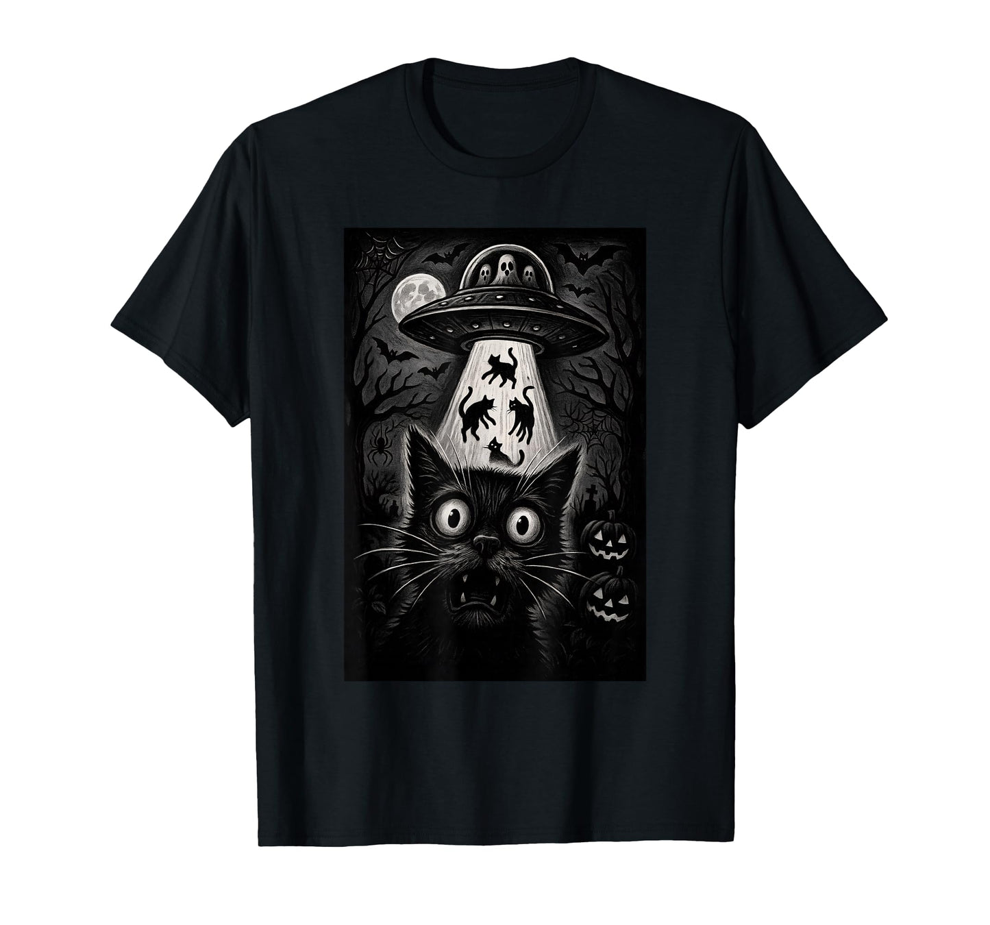 Halloween Cat Selfie Scary Alien Abduction Cats UFO Flying T-Shirt