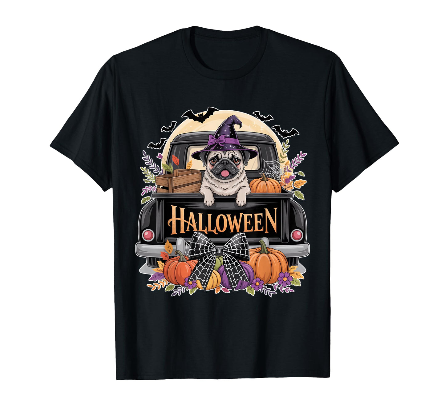 Funny Pug Witch Hat Truck Pumpkin Dog Lovers Halloween T-Shirt