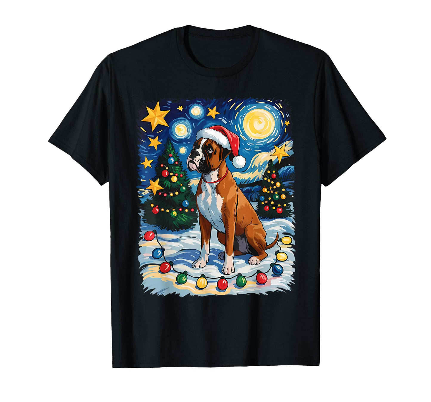 Christmas Boxer Dog Santa Hat Van Gogh Style Starry Night T-Shirt
