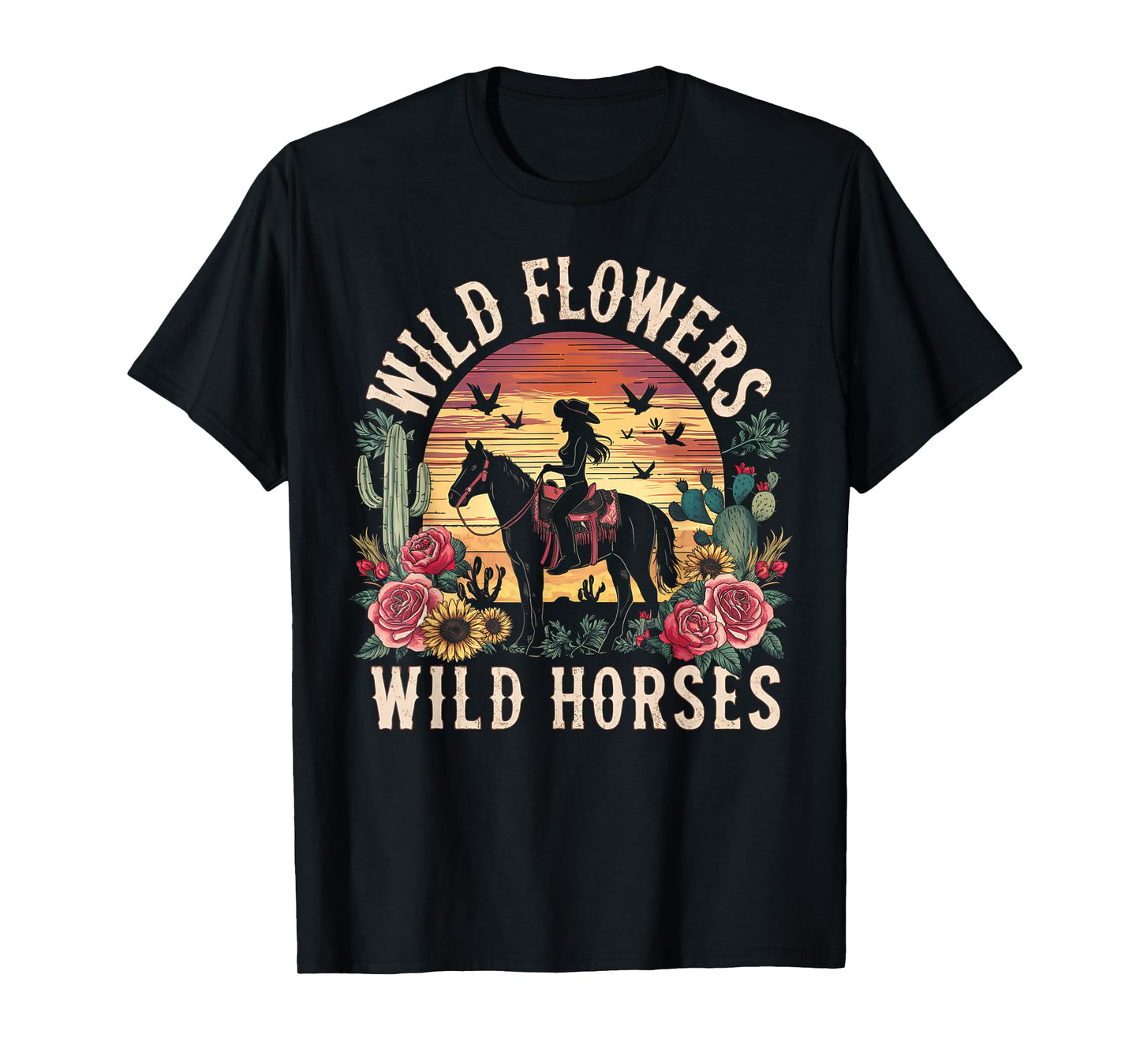 Retro Southern Sunset Cowgirl Wild Flowers Wild Horses T-Shirt