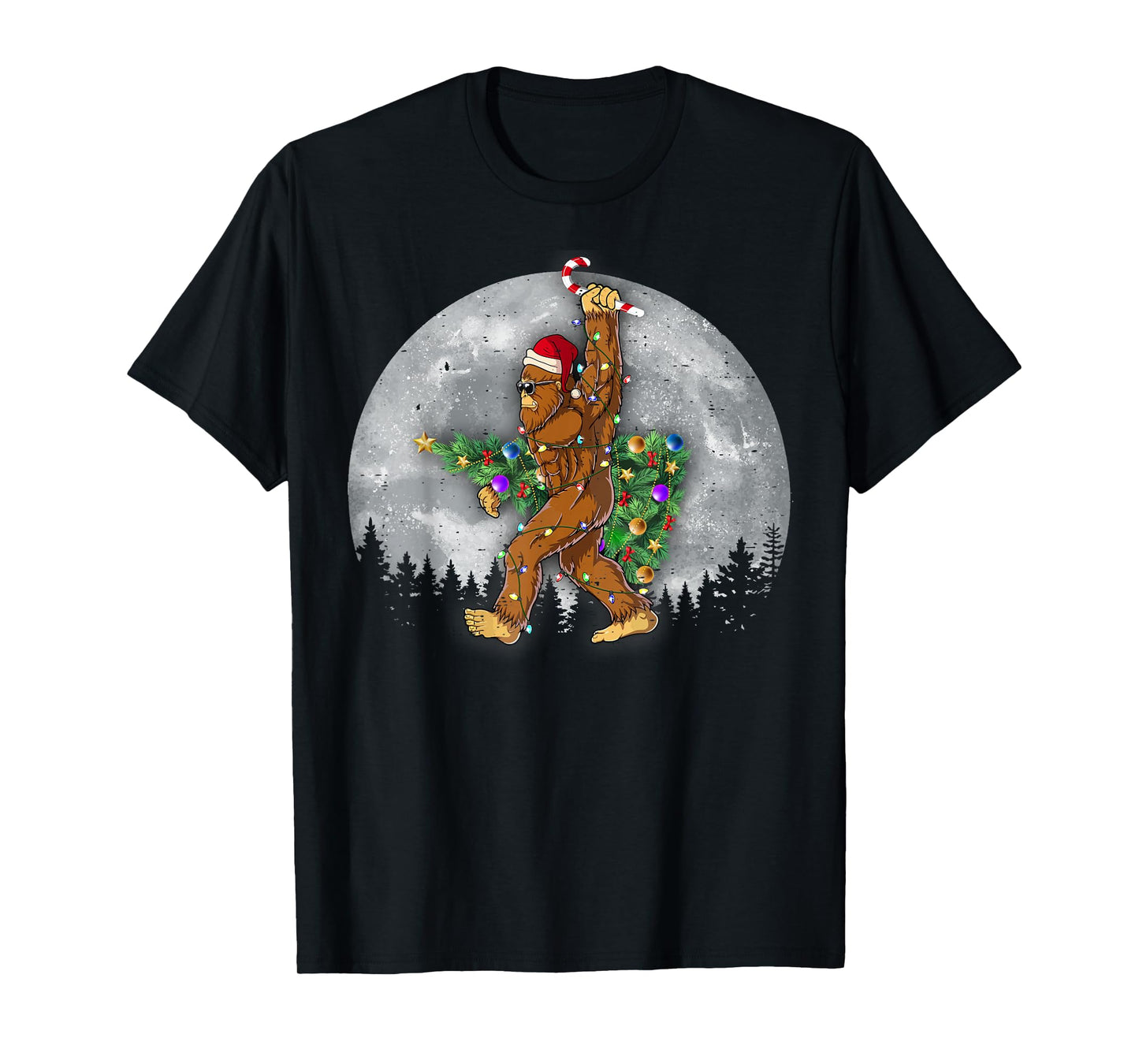 Santa Bigfoot Christmas Tree Xmas Lights Funny Sasquatch T-Shirt