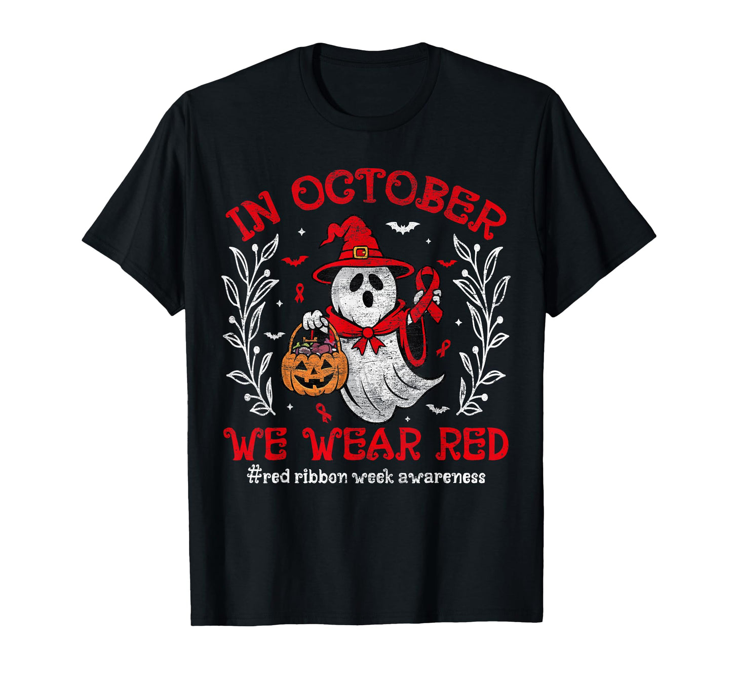 In October We Wear Red For Red Ribbon Week Awareness Ghost T-Shirt