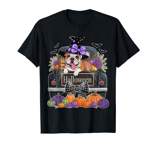 English Bulldog Witch Hat Truck Pumpkin Dog Lovers Halloween T-Shirt