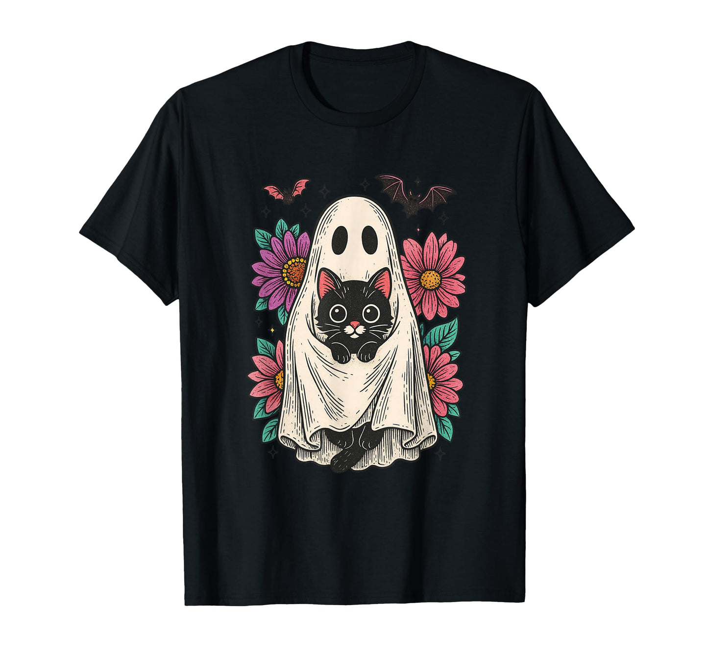 Vintage Halloween Ghost Holding Black Cat Groovy Floral T-Shirt