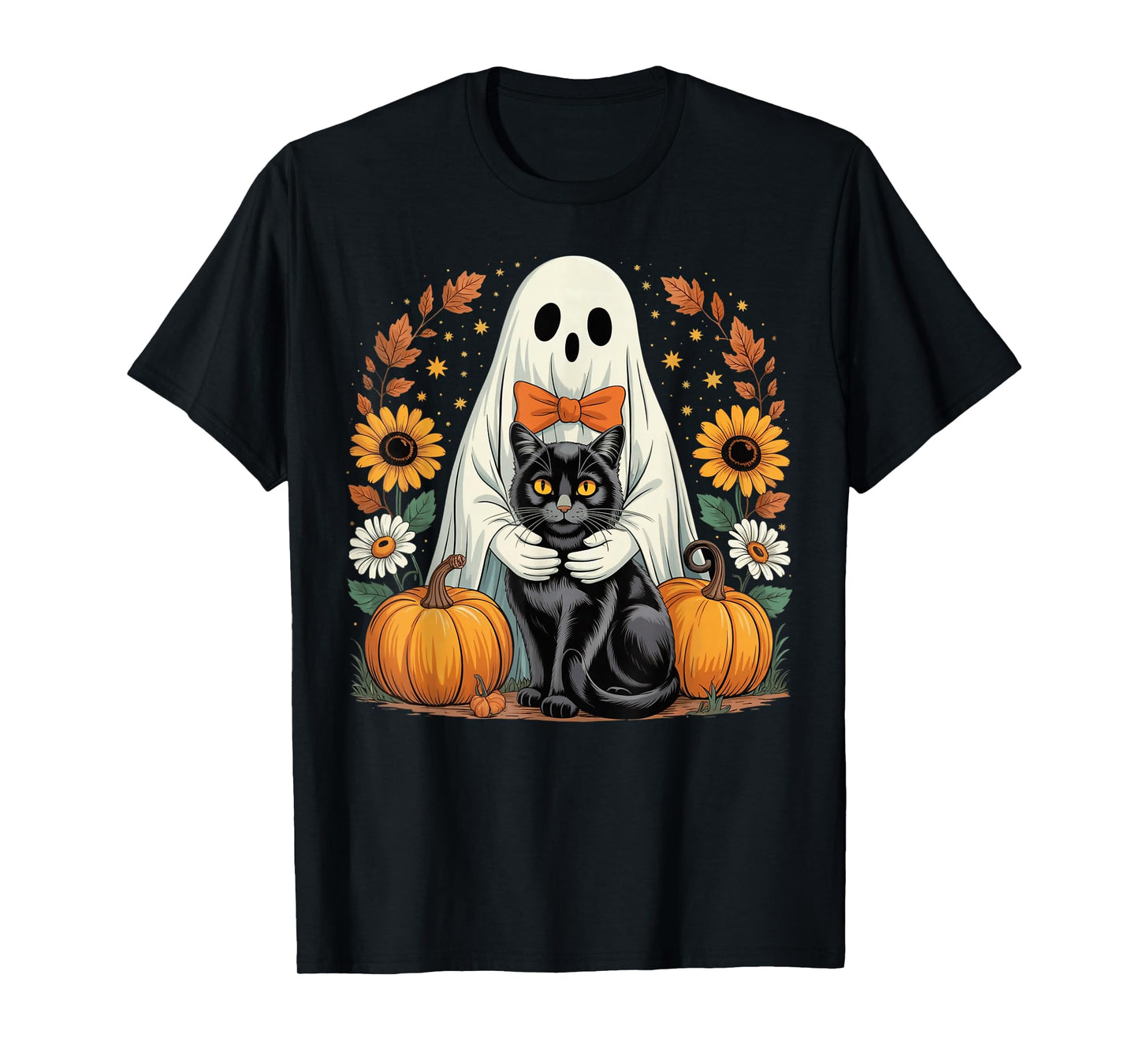 Womens Halloween Ghost Black Cat Ghost Halloween Girls T-Shirt