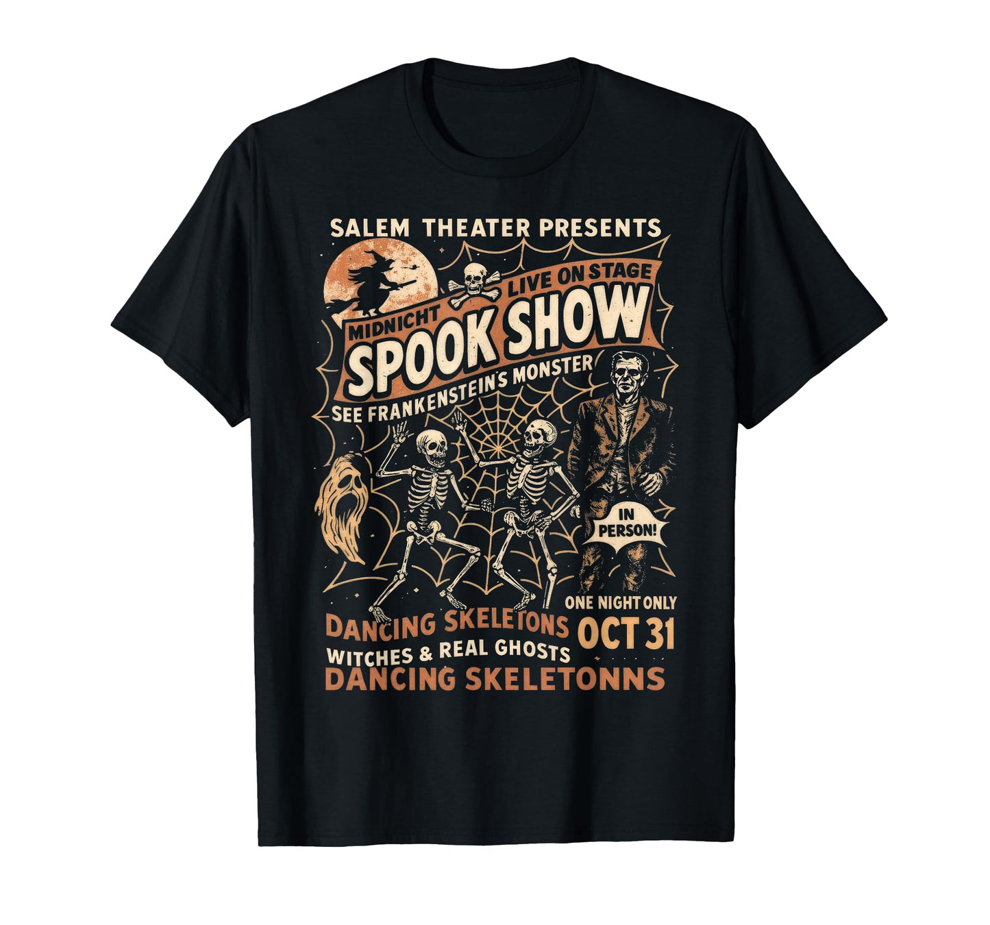 Vintage Halloween Spook Show Witch Dancing Skeletons Monster T-Shirt