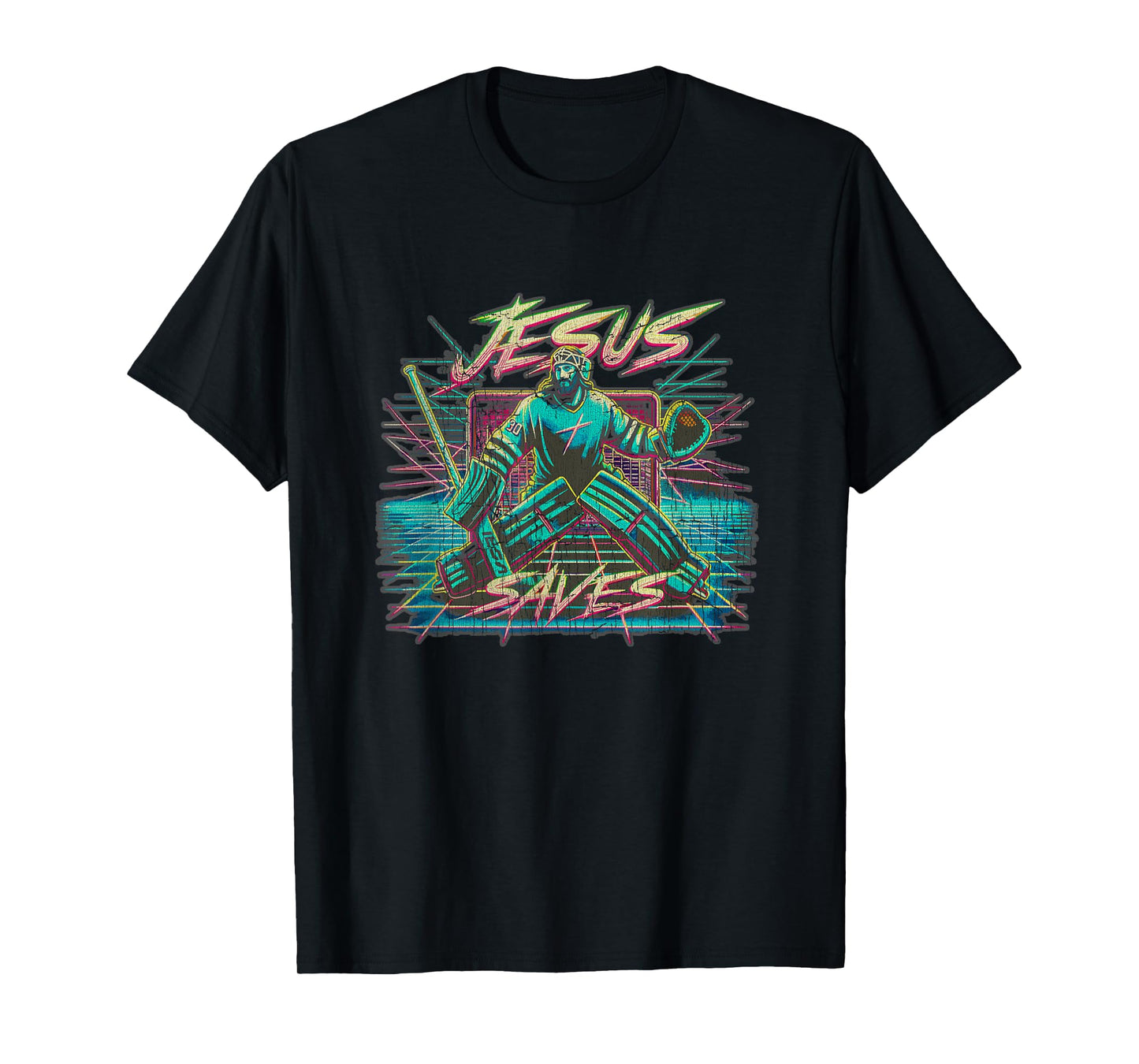 Vintage Retro Vaporwave Jesus Saves Ice Hockey Goalie T-Shirt