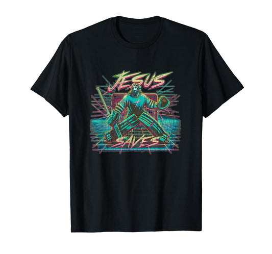 Vintage Retro Vaporwave Jesus Saves Ice Hockey Goalie T-Shirt