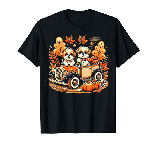 Vintage Fall Ride Shih Tzu Dogs Graphic Tee T-Shirt