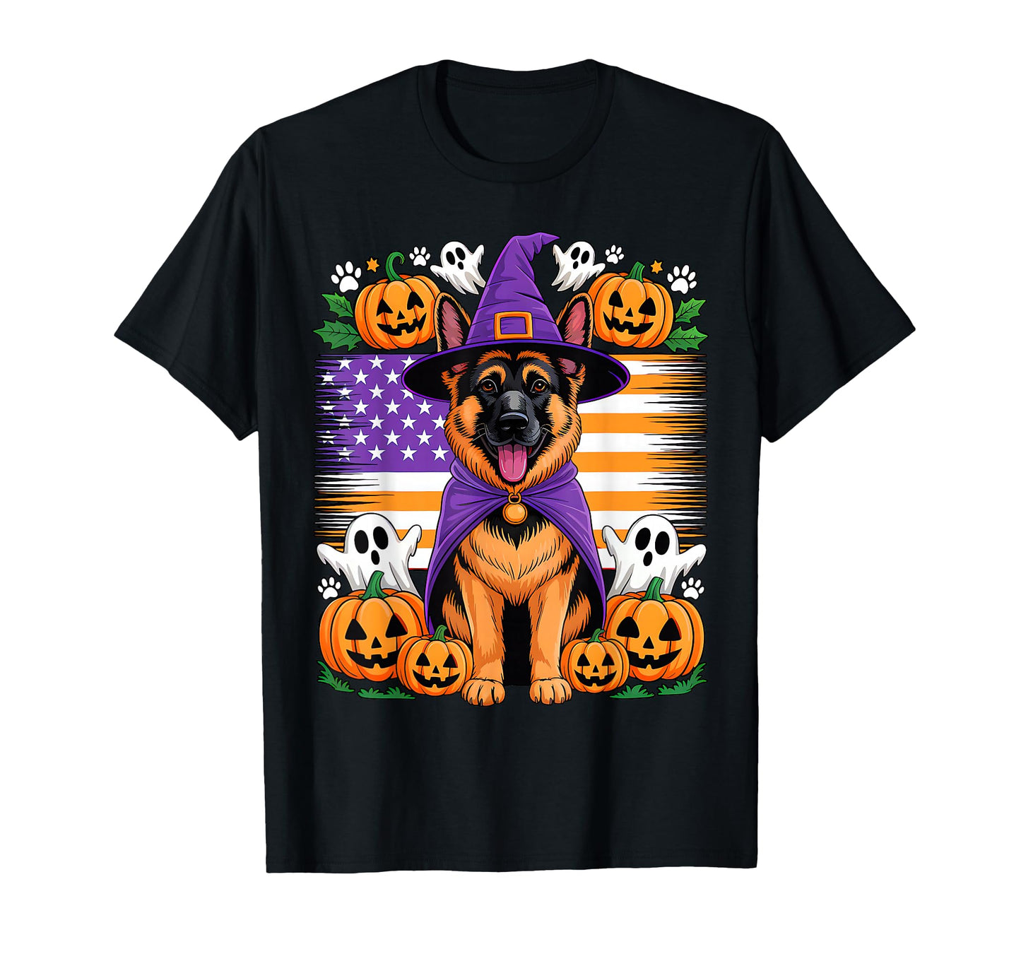 German Shepherd Cosplay Witch Halloween Owner Horror US Flag T-Shirt