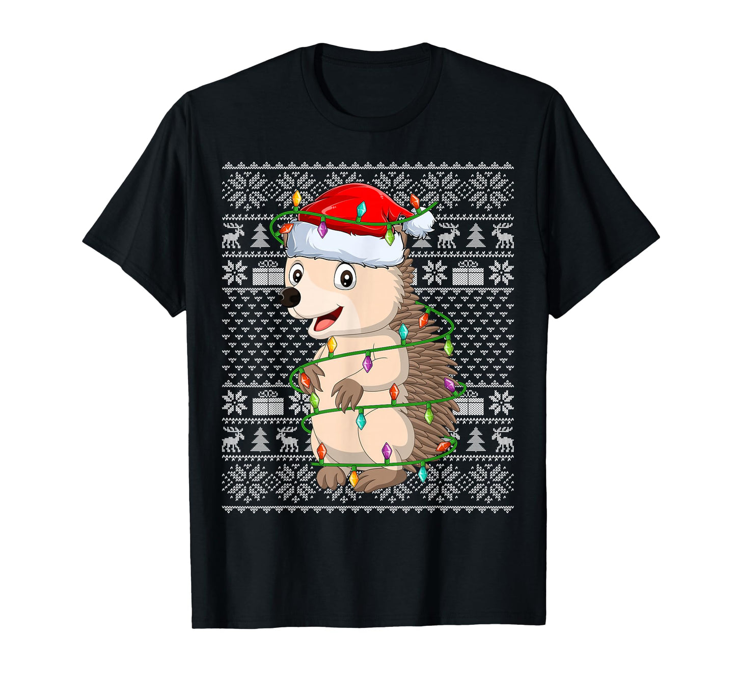 Hedgehog Christmas Lights Ugly Sweater Funny Santa Hat Xmas T-Shirt