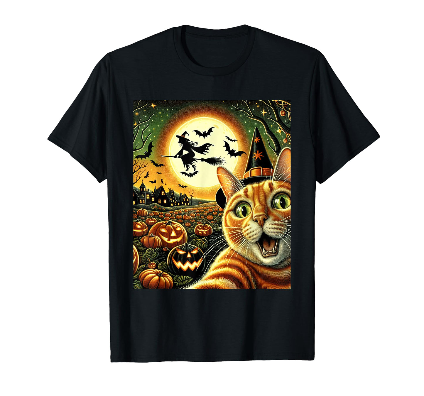Selfie Cat Halloween Night, Pumpkins, Bats Magic T-Shirt