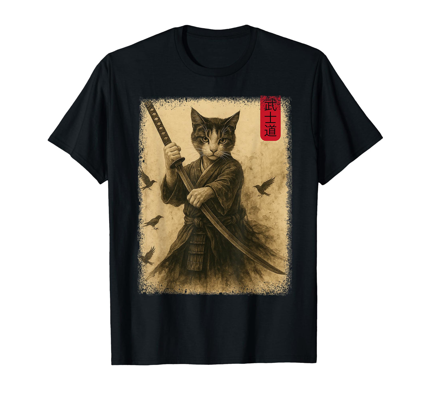 Samurai Cat Graphic Warrior Vintage Japanese Cat Anime T-Shirt for Men Women Kids