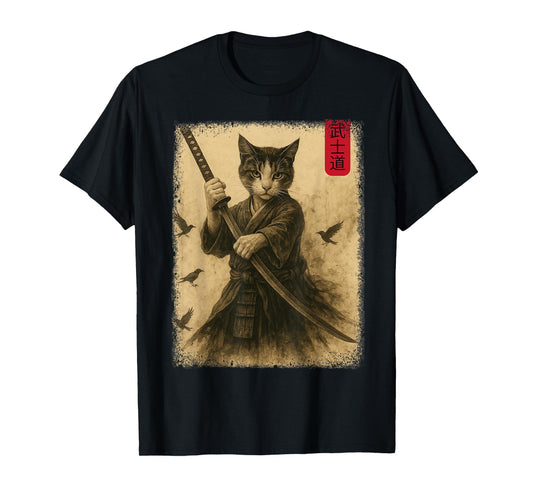 Samurai Cat Graphic Warrior Vintage Japanese Cat Anime T-Shirt for Men Women Kids