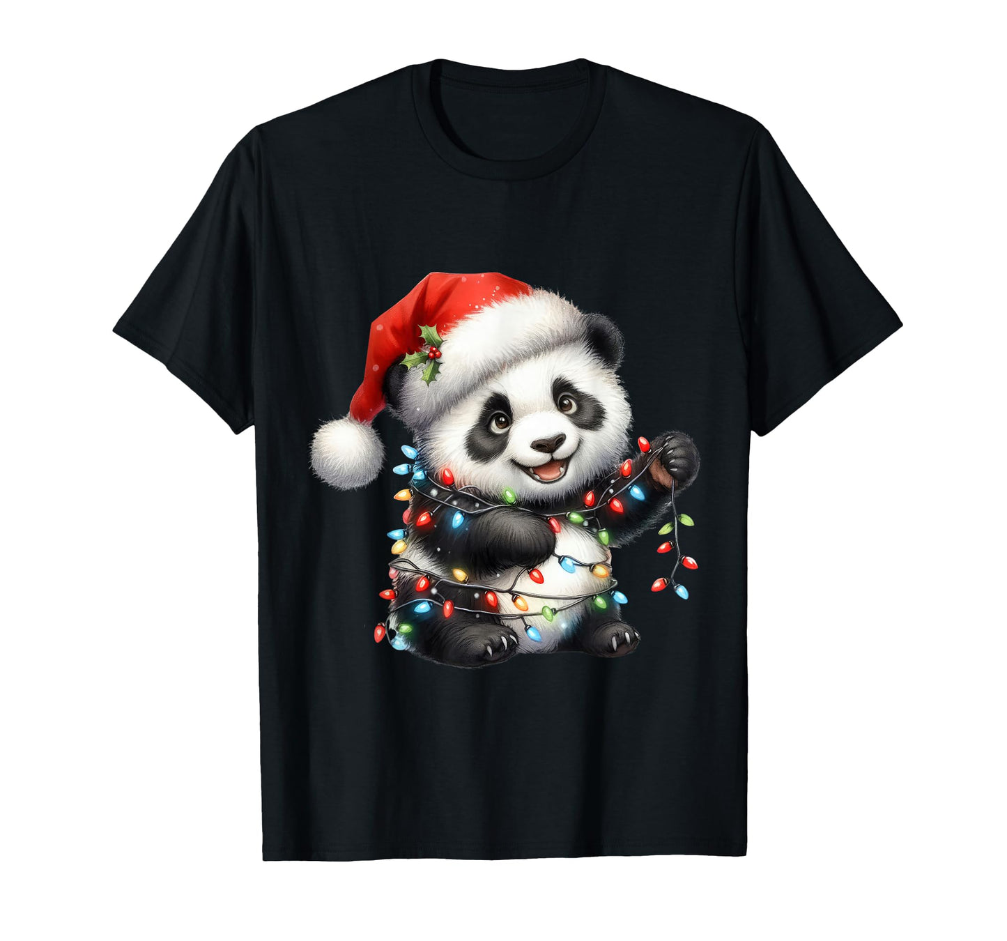 Panda Christmas Lights Funny Santa Hat Merry Xmas T-Shirt