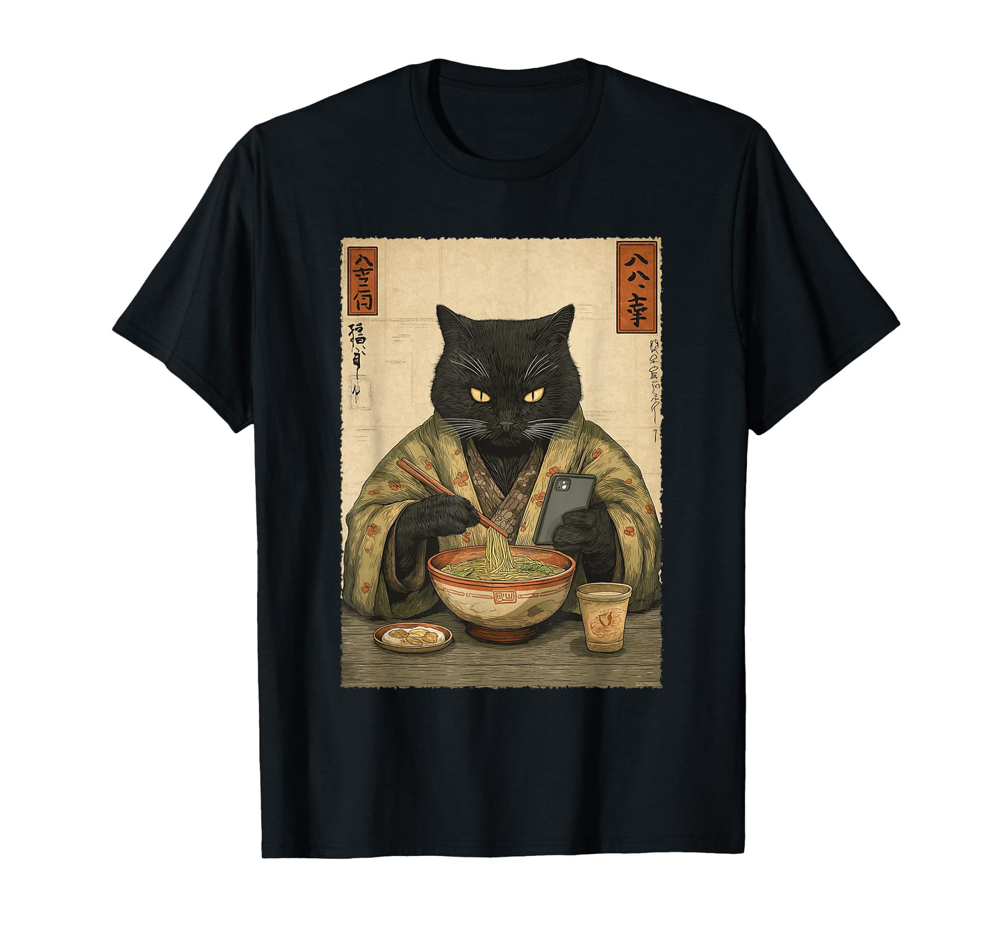 Samurai Cat Eat Ramen Scroll Phone Japanese Food Humor Art T-Shirt