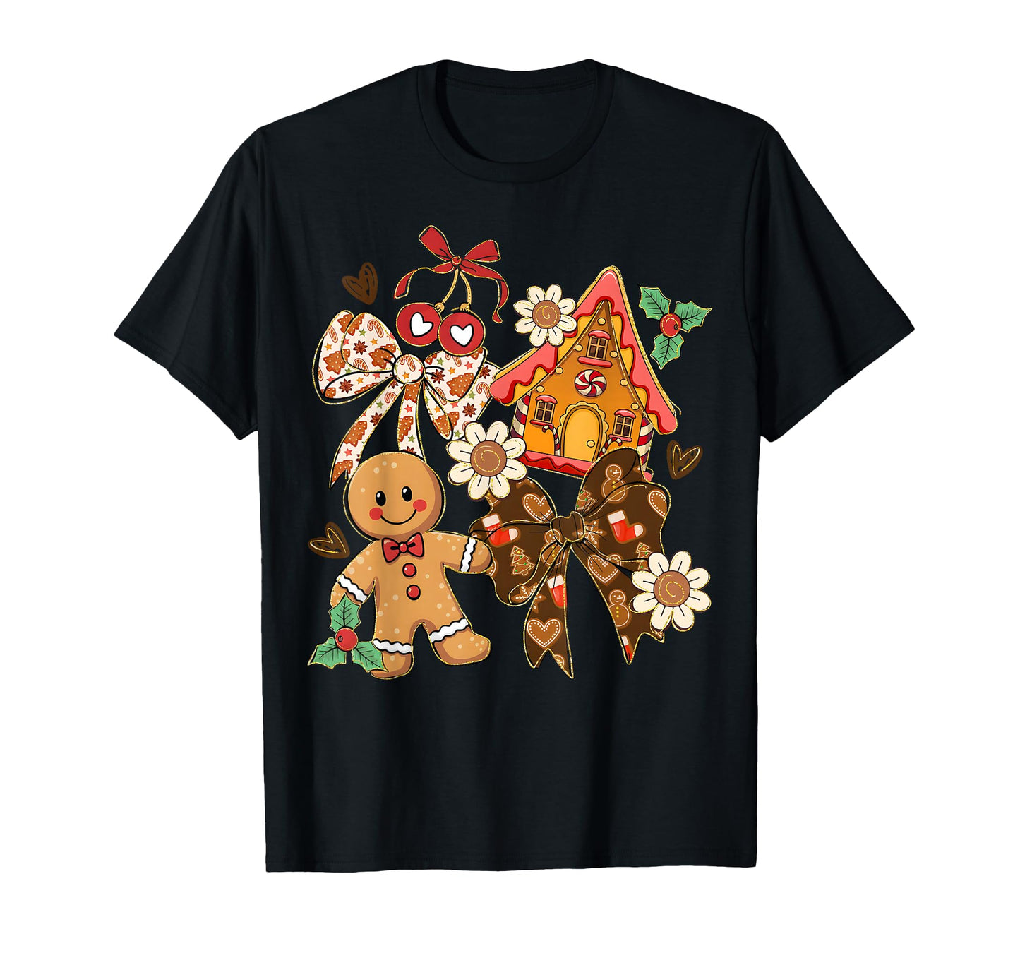 Preppy Christmas Gingerbread Coquette Bow Floral Xmas Pajama T-Shirt