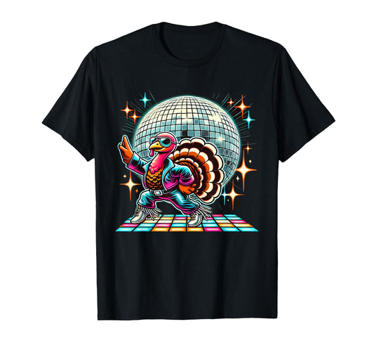 Disco Turkey Halloween Tees Unisex-Adult Black Cartoon Turkey Disco T-Shirt Small Straight Short Sleeve T-Shirt