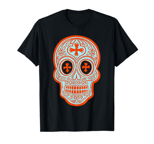 Vintage Calavera Sugar Skull Orange and Blue Design T-Shirt