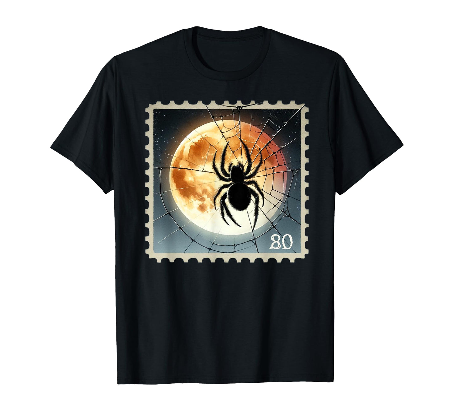 Spider Silhouette Full Moon Halloween Postage Stamp T-Shirt