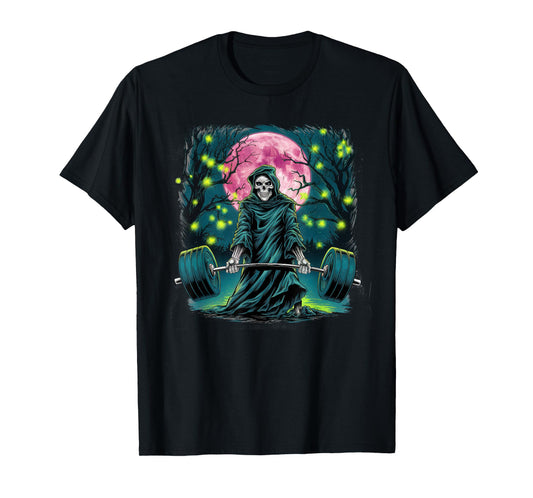Deadlift Skeleton Gift Fitness Goth Tarot Card Gym Workout T-Shirt