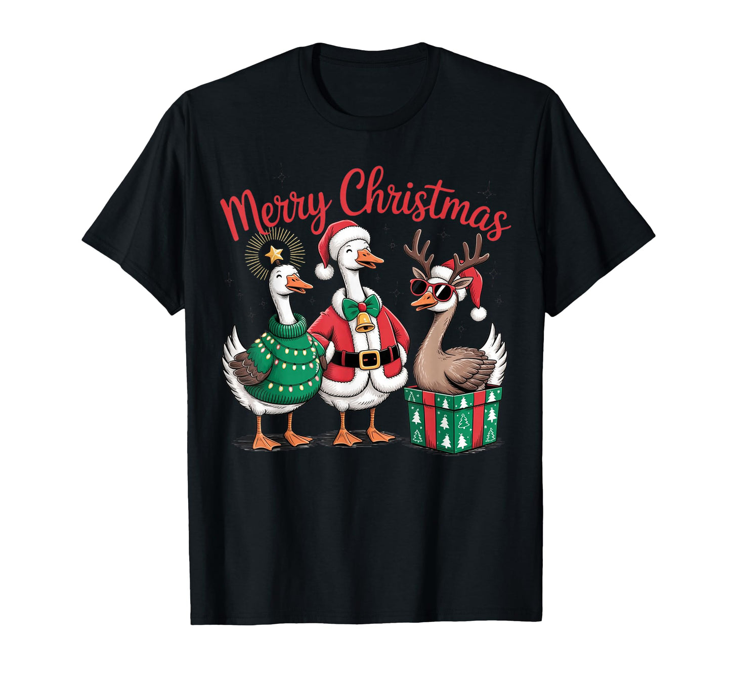 Funny Christmas Geese Santa Reindeer Holiday Outfit T-Shirt