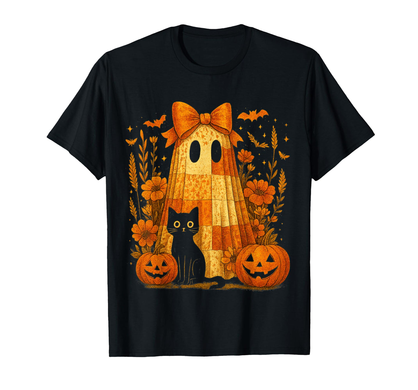 Vintage Halloween Ghost Black Cat Patchwork Floral Women Kid T-Shirt
